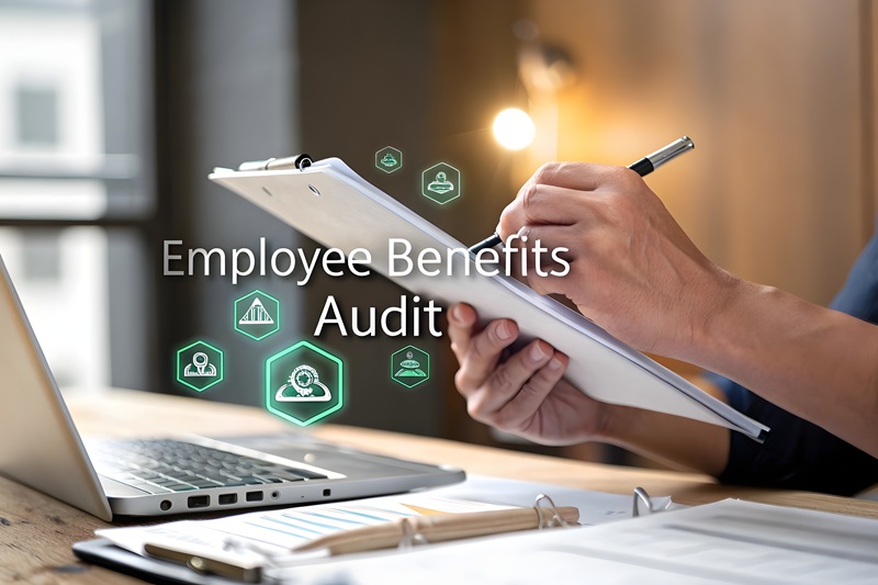 Businessman with laptop and notepad doing an employee benefits audit.