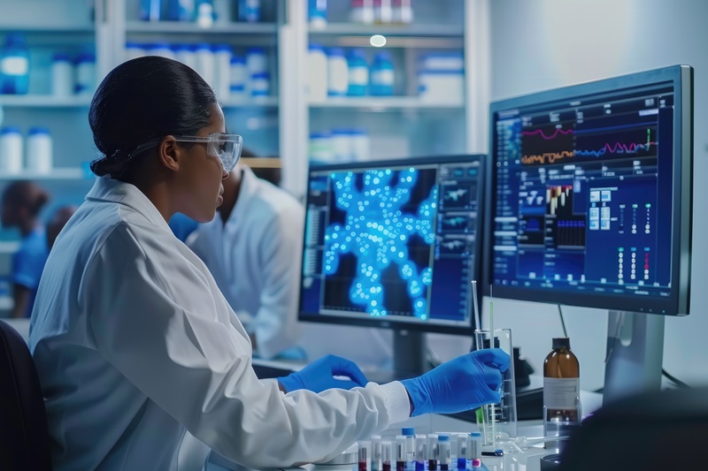 Female biochemist working with computer showing gene therapy interface at medical science laboratory with team of professional biotechnology scientists for developing drugs.