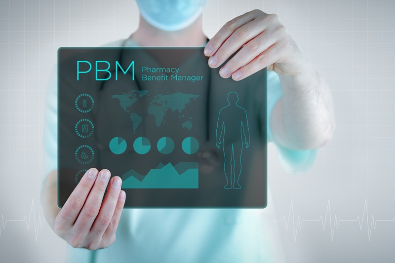 PBM (Pharmacy Benefit Manager). Doctor holding virtual letter with text and an interface. Medicine in the future
