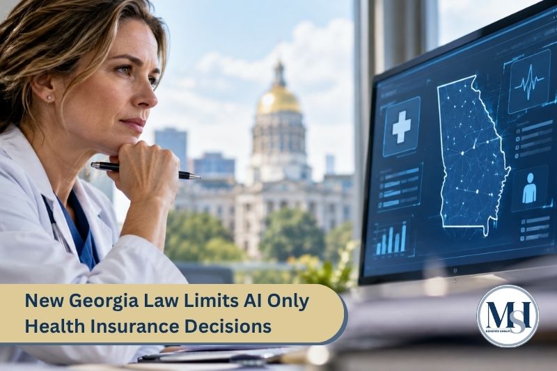 Woman analyzing health care information related to New Georgia Law Limiting AI-Only Health Insurance Decisions: