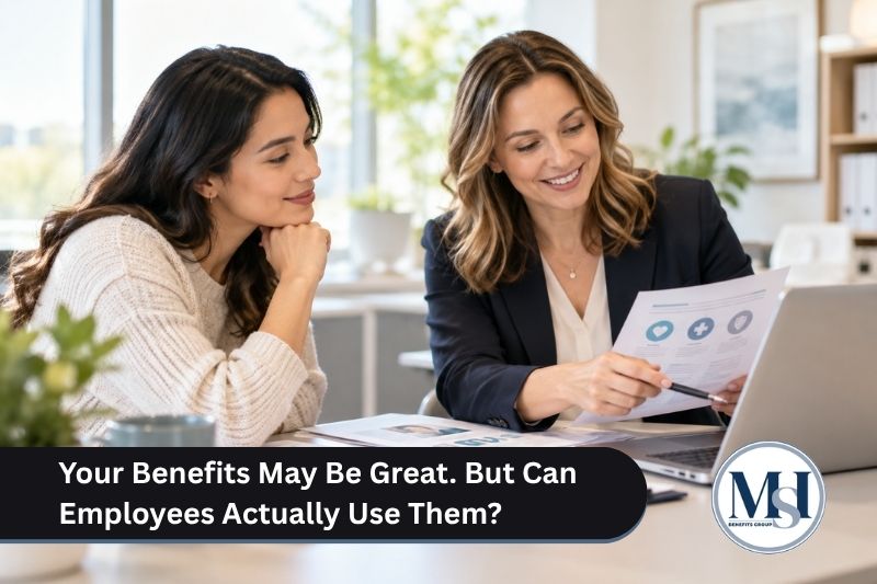 Can Employees Use Your Great Benefits? Two women looking at benefits on handout and laptop.